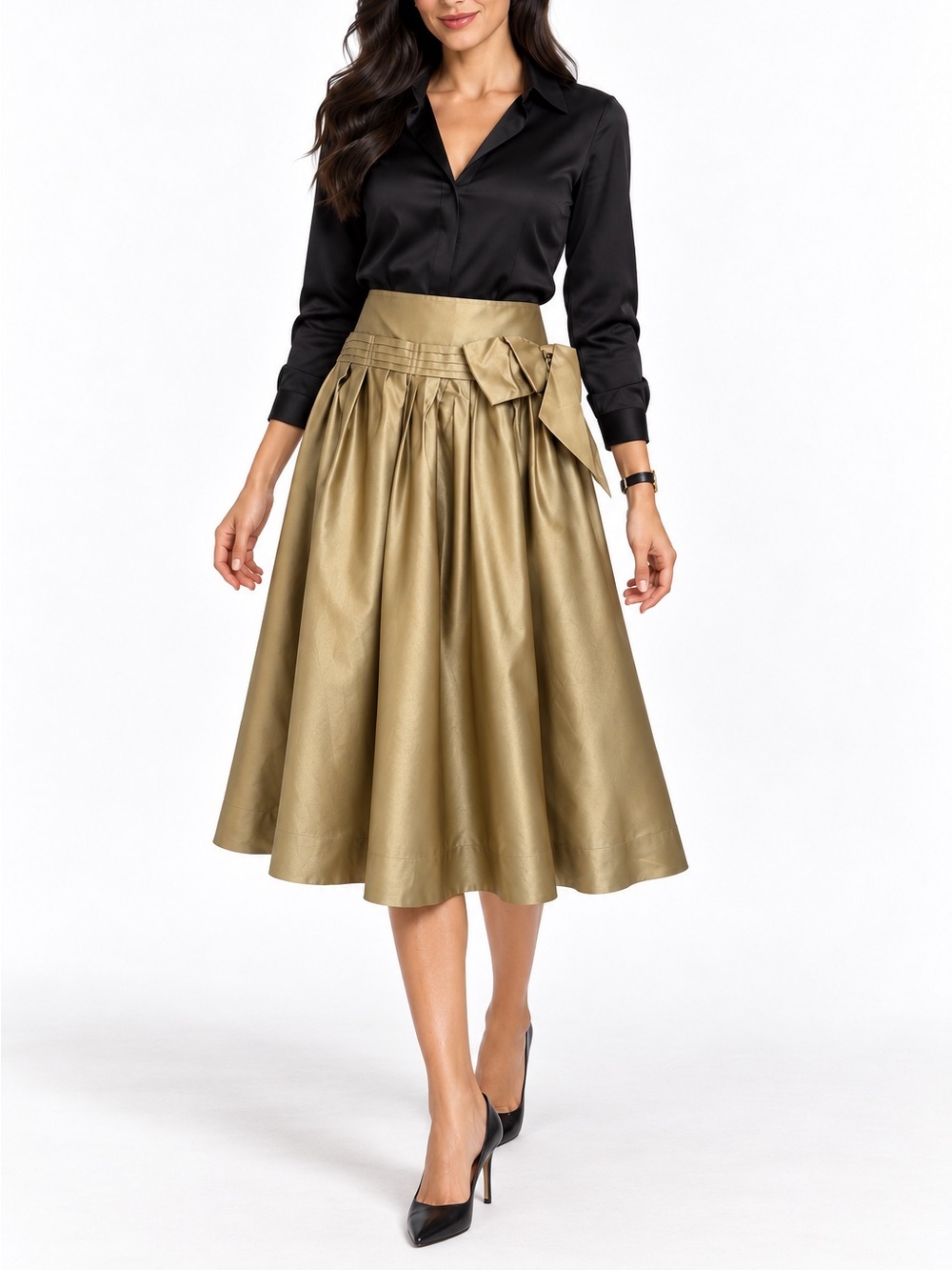 Vintage DKNY Donna Karan Bronze 100% Silk Pleated Bow Midi Skirt Y2K Coquette 10